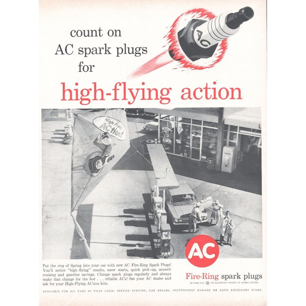 1961 AC Fire Ring Spark Plugs Vintage Print Ad High Flying Gas Service Station